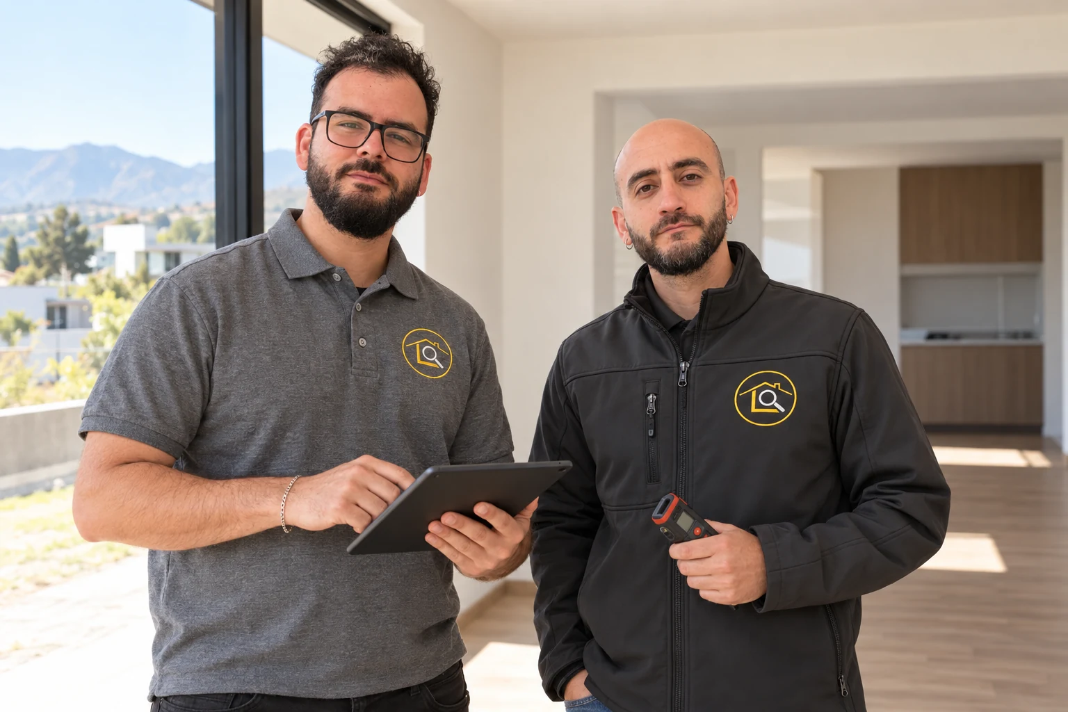 Maximiliano y Franco, cofundadores de LOZABRAS, con su uniforme y herramientas de inspección en una vivienda